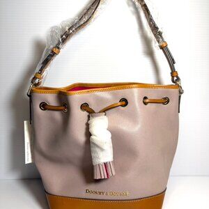 DOONEY & BOURKE CLAREMONT EMBOSSED WOVEN LEATHER DRAWSTRING BUCKET BAG
